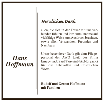 Traueranzeige von Hans Hoffmann von Pegnitz-Zeitung